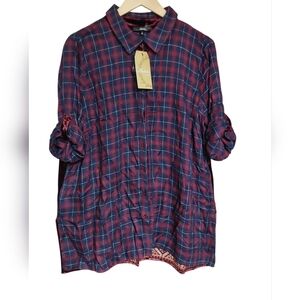 ANDREE BY UNIT Burgundy and Navy Plaid Shirt